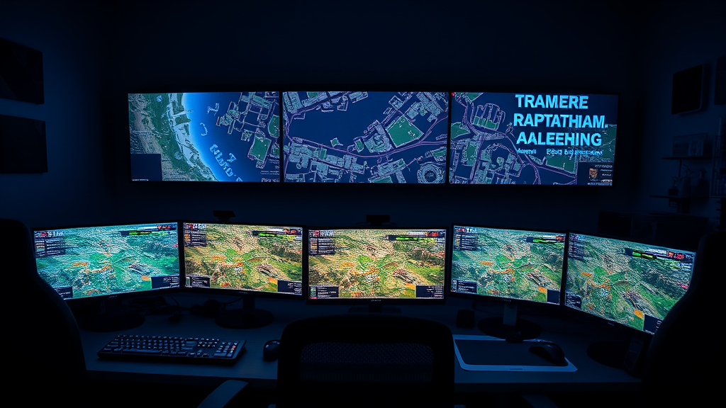 Gaming setup with multiple monitors displaying tactical maps, dimly lit room, professional esports environment, no text no words no letters