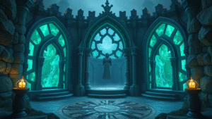 Medieval fantasy game interface with mystical portals and testing environment screens, no text no words no letters