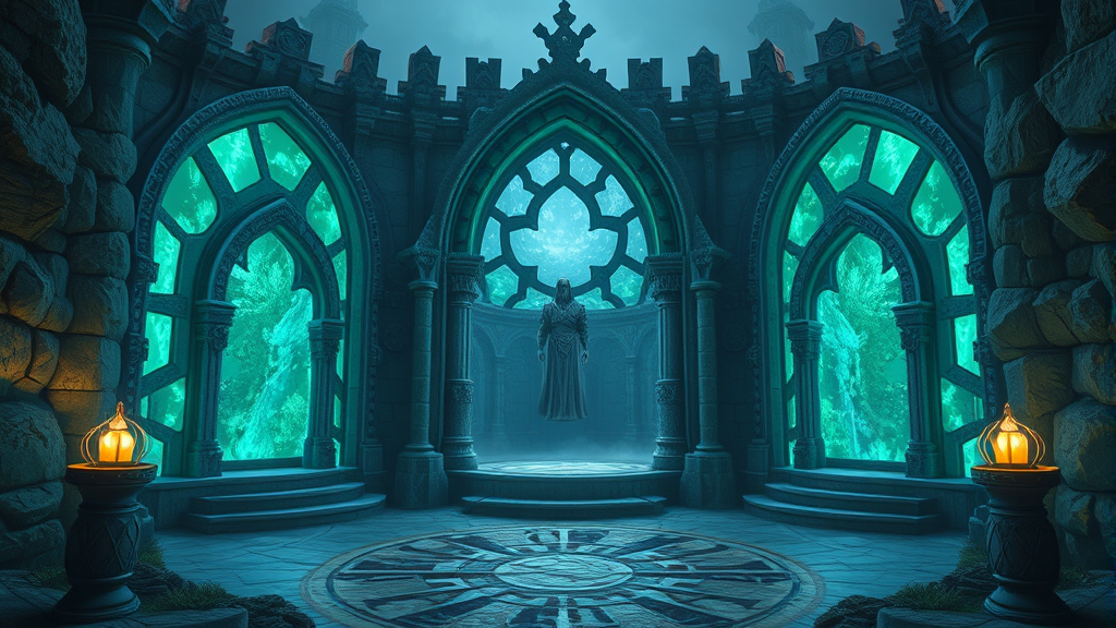 Medieval fantasy game interface with mystical portals and testing environment screens, no text no words no letters