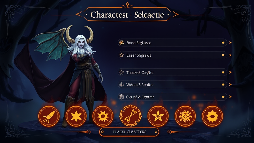 Fantasy character selection screen with magical user interface elements and glowing options, no text no words no letters