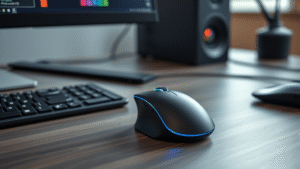 Sleek vertical ergonomic computer mouse on modern desk setup with wireless connection symbols, no text no words no letters
