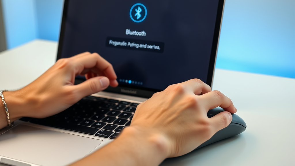 Close up hands positioning ergonomic vertical mouse next to MacBook laptop showing bluetooth pairing process, no text no words no letters