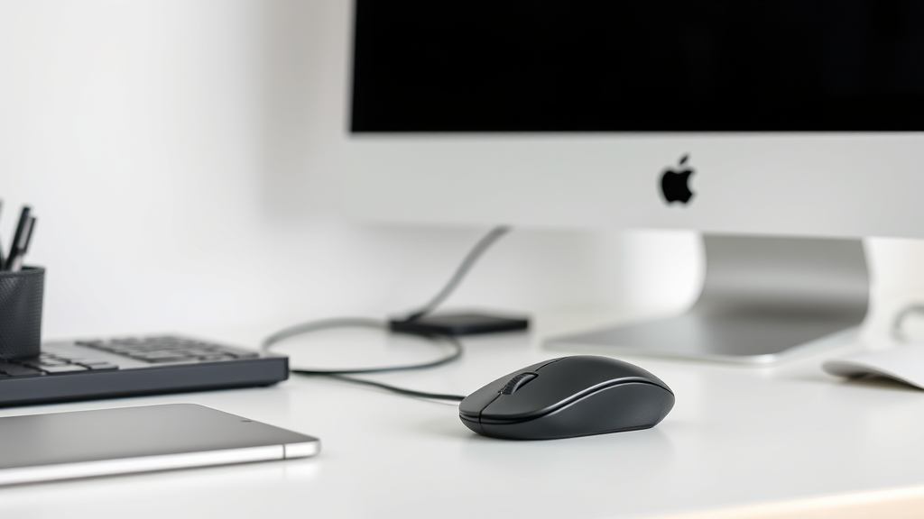 Minimalist workspace showing wireless vertical mouse connected to Mac computer with clean desk organization, no text no words no letters