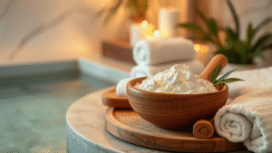 Luxurious spa setting with natural body scrub bowls and soft towels, warm lighting, no text no words no letters