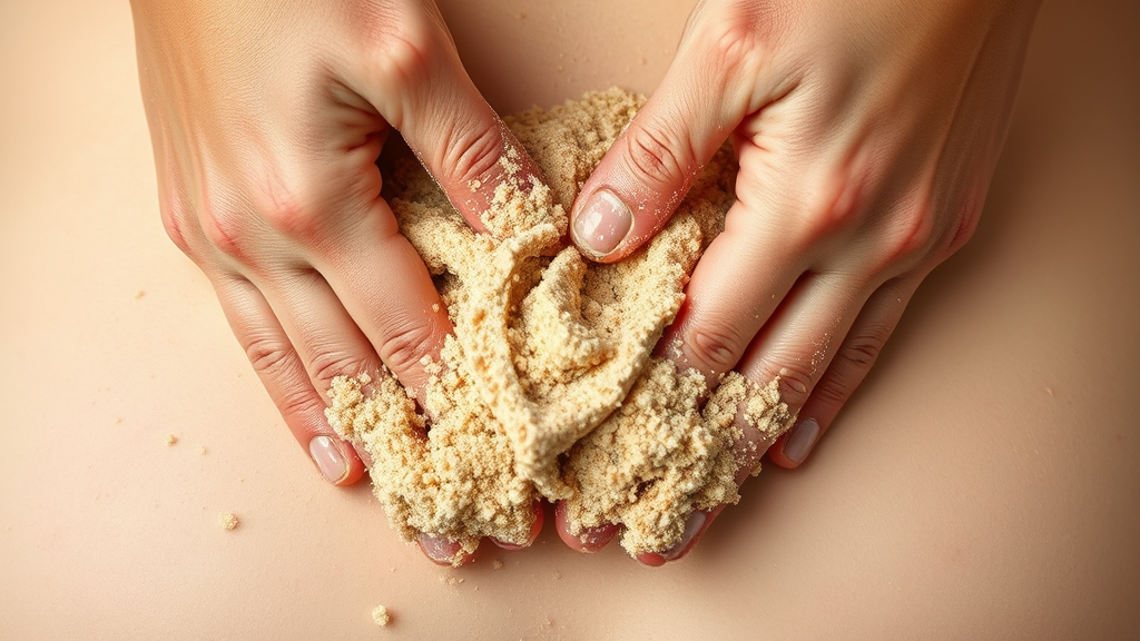Close up hands applying grainy exfoliating scrub on smooth skin in circular motions, no text no words no letters