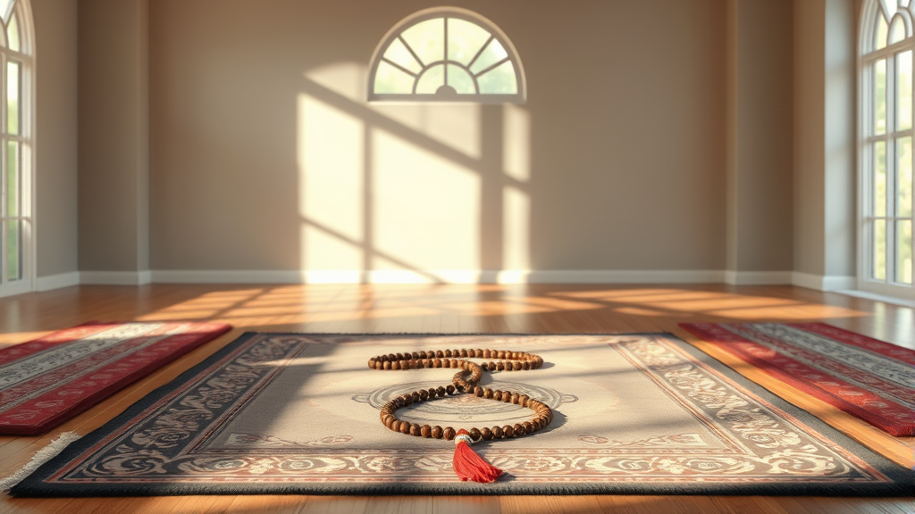 Clean prayer mat facing east with prayer beads peaceful morning light setup no text no words no letters