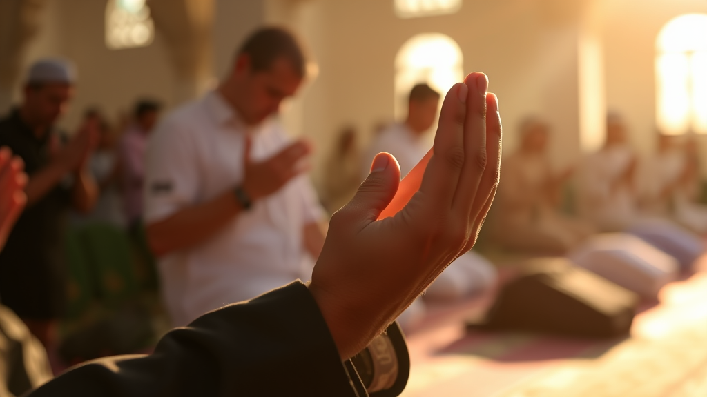 Hands in prayer position during Islamic worship spiritual devotion morning light no text no words no letters