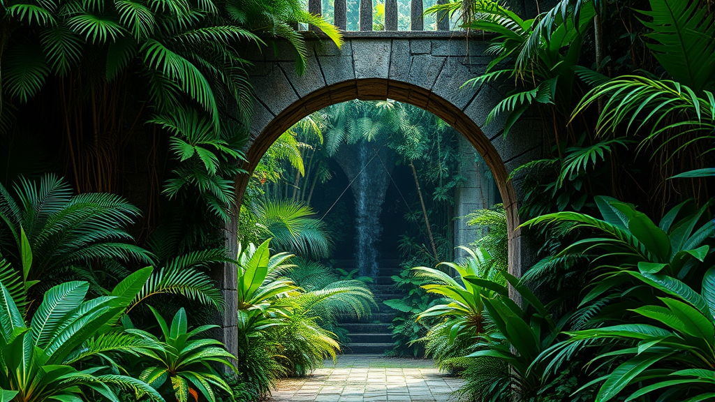 Lush tropical jungle entrance with stone archway and dense green vegetation no text no words no letters