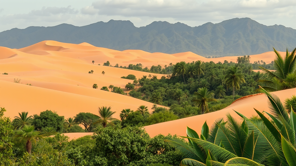 Desert landscape transitioning to jungle terrain with sand dunes and tropical plants no text no words no letters