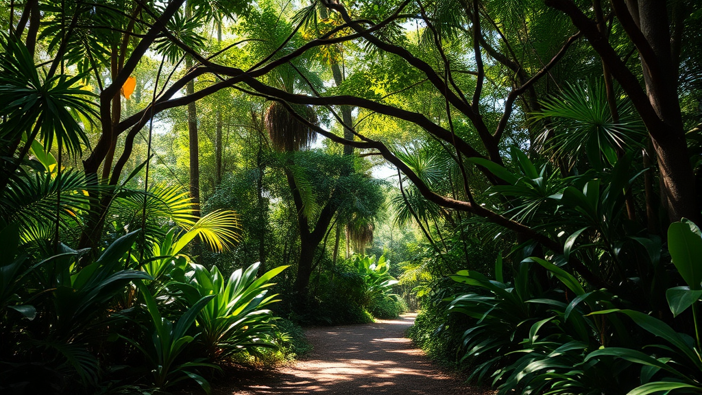 Winding jungle pathway through thick canopy with dappled sunlight and exotic plants no text no words no letters