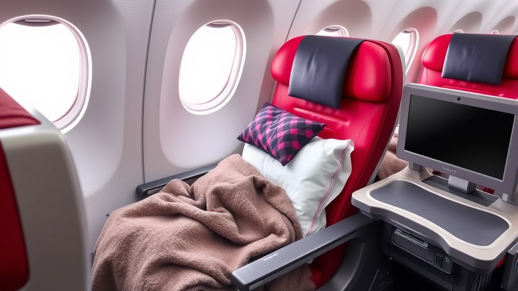 Comfortable airplane seat with travel pillow blanket and entertainment setup no text no words no letters