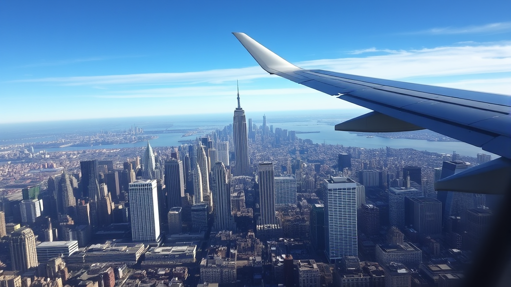New York City skyline aerial view from airplane window approach landing no text no words no letters