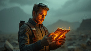 Fallout vault dweller character examining glowing perk cards in wasteland setting, post-apocalyptic atmosphere, no text no words no letters