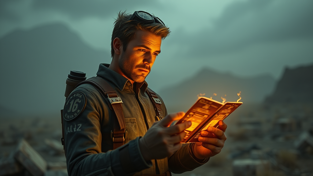Fallout vault dweller character examining glowing perk cards in wasteland setting, post-apocalyptic atmosphere, no text no words no letters