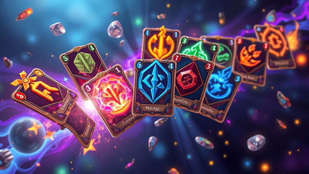 Multiple perk cards floating and combining with energy effects, magical gaming interface, bright colors, no text no words no letters