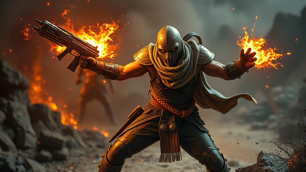 Wasteland warrior using advanced combat techniques with energy effects, action scene, dramatic lighting, no text no words no letters