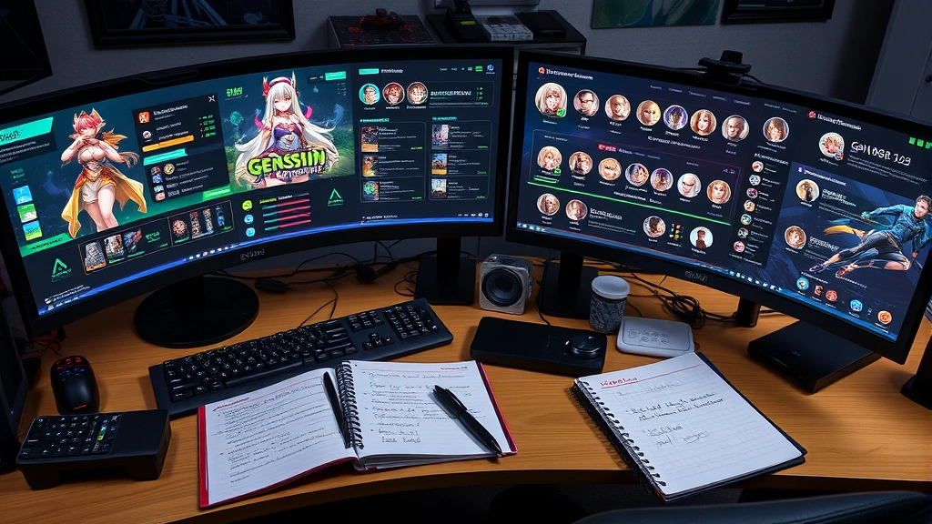 Professional game developer workspace with multiple monitors displaying Genshin Impact character stats and team compositions, with gaming peripherals and notebooks filled with strategy notes
