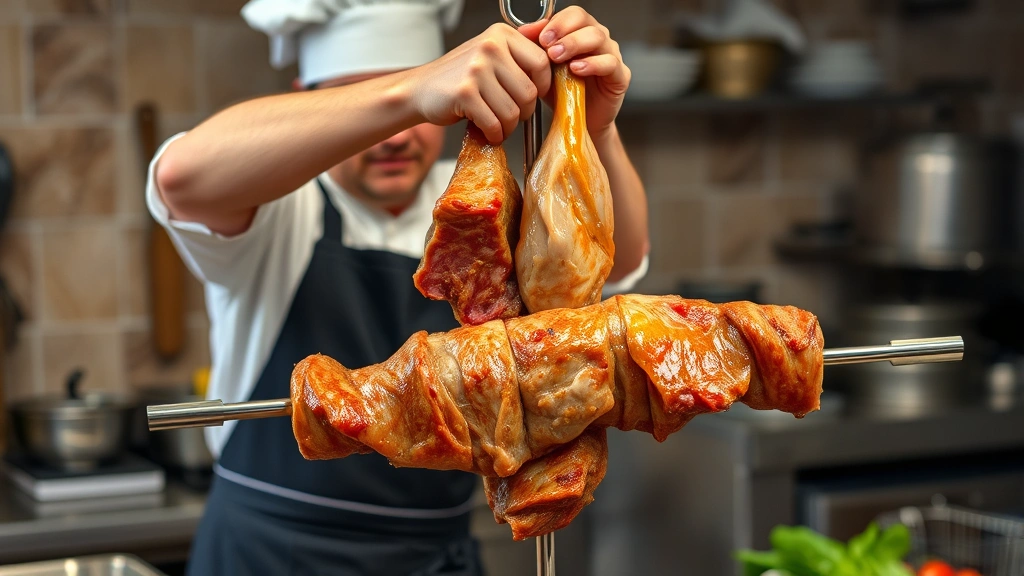 Professional Greek chef rotating meat on vertical spit for gyro preparation, showing the rotation motion that inspired the word's etymology, in a traditional Mediterranean kitchen setting