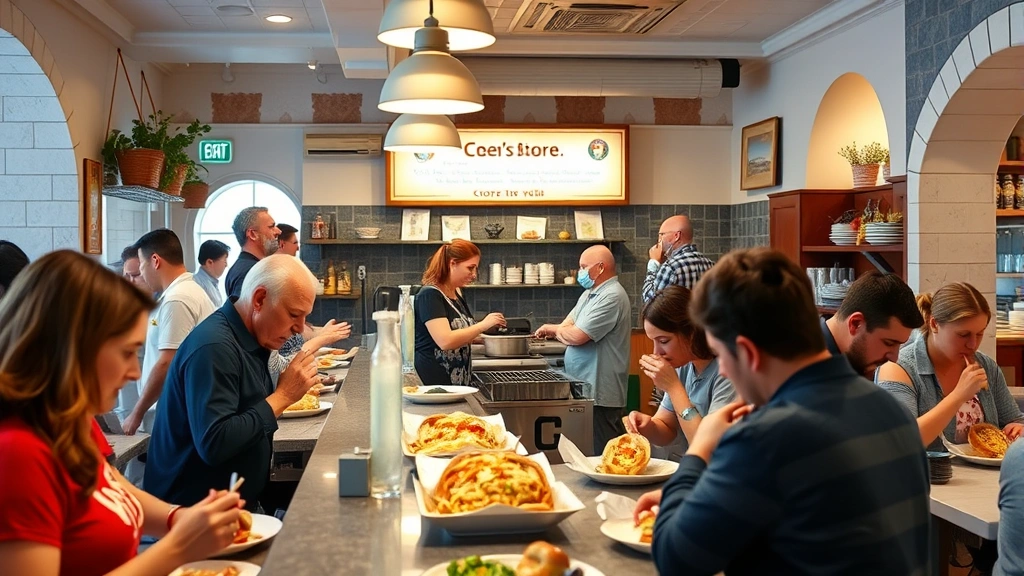 Bustling Greek restaurant interior with customers eating gyros, staff preparing sandwiches at counter, Mediterranean architectural details, warm lighting showing cultural context of the word