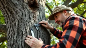 Arborist examining healthy oak tree trunk with measuring calipers, close-up of bark texture and branch structure, natural daylight filtering through canopy