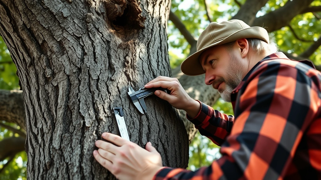 Arborist examining healthy oak tree trunk with measuring calipers, close-up of bark texture and branch structure, natural daylight filtering through canopy