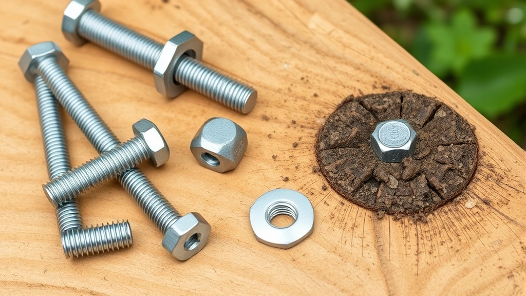 Galvanized lag bolts and stainless steel fasteners laid out on pressure-treated lumber, detailed view of bolt installation point on tree trunk with washers and lock nuts