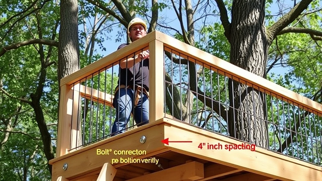 Worker installing safety railings on elevated treehouse platform, showing bolted connection details and 36-inch railing height with 4-inch spacing verification