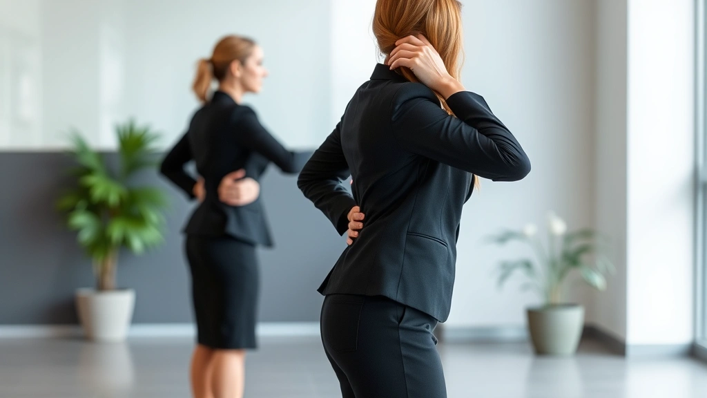 Woman in professional business attire demonstrating proper standing posture with neutral spine alignment, shoulders back, engaged core, and level head position indoors