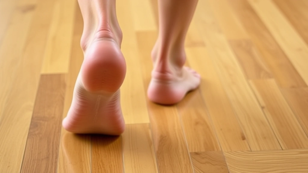 Close-up of feet transitioning through heel-to-toe walking sequence on hardwood floor, showing proper weight distribution and natural rolling motion