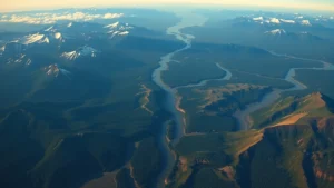 Aerial photograph of Alaska's vast wilderness landscape showing mountains, forests, and rivers stretching to horizon, demonstrating extreme geographic scale and undeveloped terrain