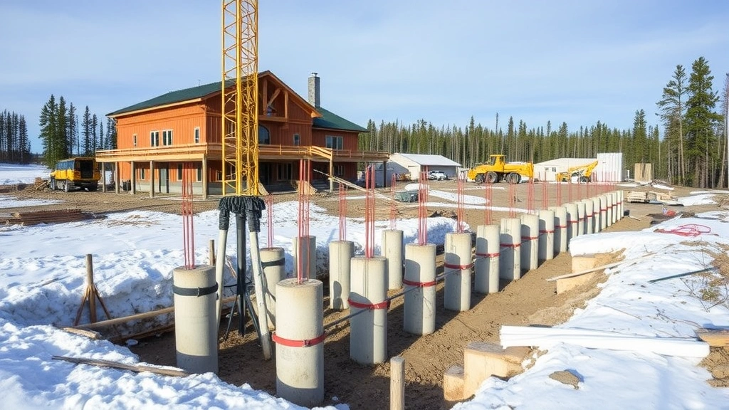 Construction site in remote Alaska showing permafrost-adapted foundation pilings and specialized building techniques designed for extreme cold climate conditions