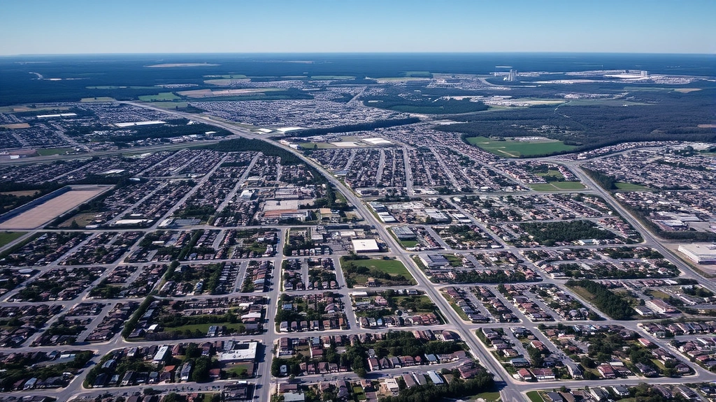 Aerial view of sprawling American suburban development with grid-pattern streets, residential neighborhoods, and commercial areas transitioning to distant forested regions, clear blue sky, natural lighting