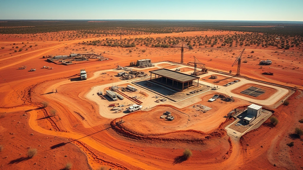 Construction site in remote Australian outback region showing isolated building project with minimal nearby infrastructure, red earth, sparse vegetation, bright sunlight casting long shadows on work site