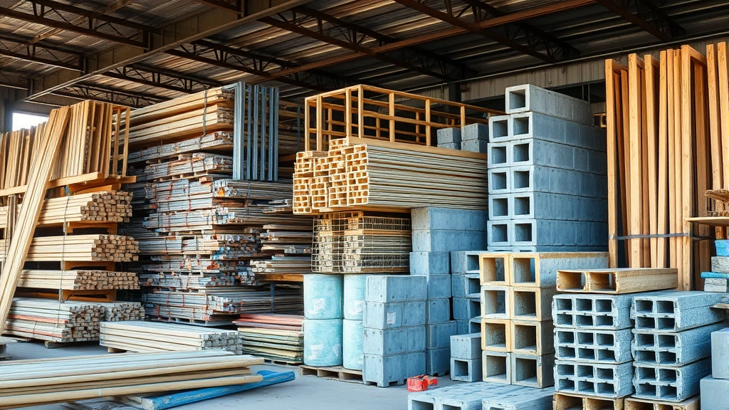 Close-up of construction materials storage yard with organized stacks of lumber, metal framing, concrete blocks, and building supplies under industrial shelter, natural daylight, no text visible