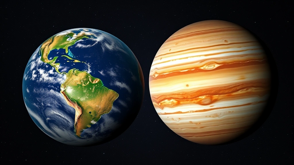 Photorealistic size comparison visualization showing Earth as small sphere next to massive Jupiter with visible atmospheric bands and Great Red Spot, cosmic background with stars, no text overlays
