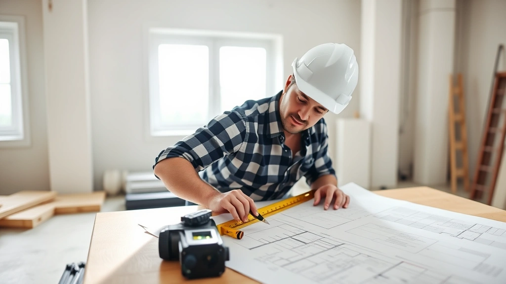 Construction worker examining large blueprint on table with measuring tools and level, representing scale and measurement concepts in building projects, natural lighting from window