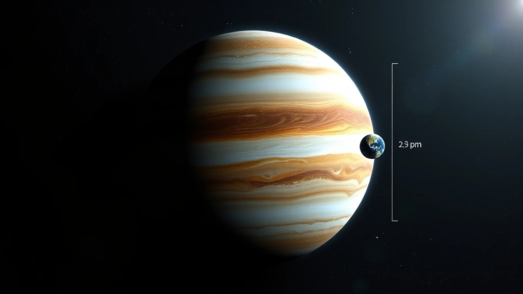 Cross-section diagram style visualization of Jupiter's atmospheric layers transitioning from gas to liquid, with scale reference showing Earth-sized object for comparison, realistic planetary imagery