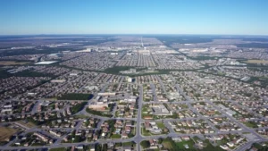 Aerial view of sprawling American suburban development with grid-pattern streets, houses, and commercial areas under clear sky, showing dense residential construction across rolling terrain