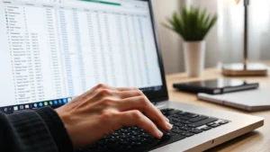 Close-up of hands typing on laptop keyboard with Excel spreadsheet visible on monitor showing organized data with headers and rows of information, professional office setting with desk lamp and notebook nearby