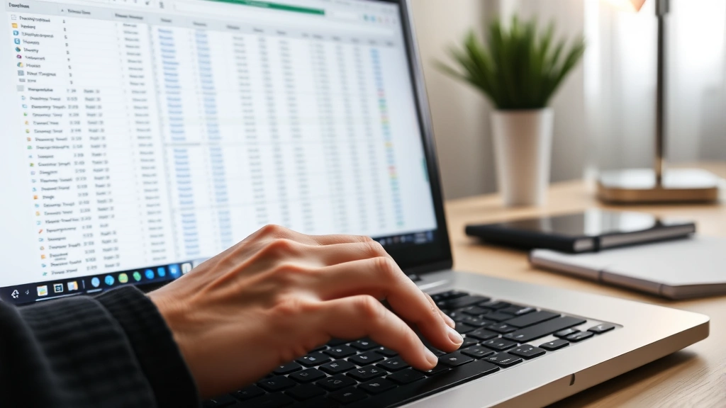 Close-up of hands typing on laptop keyboard with Excel spreadsheet visible on monitor showing organized data with headers and rows of information, professional office setting with desk lamp and notebook nearby