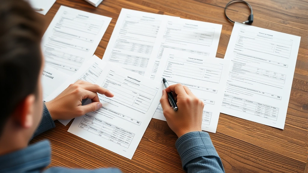Person reviewing printed merged documents spread across wooden desk, examining multiple pages with populated data fields, pointing to specific sections with pen, quality control process in progress