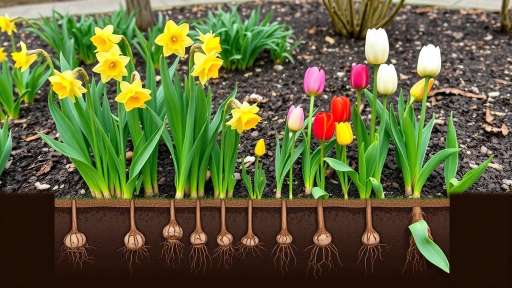 Spring garden bed with blooming daffodils and tulips at various heights showing successful flowering from properly planted bulbs, mixed with emerging shoots and established root systems visible in cross-section diagram