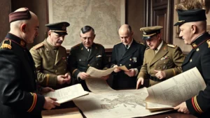 European military generals in formal uniforms examining maps and strategic documents in a war room during early 1900s, showing imperial military planning and strategy discussions