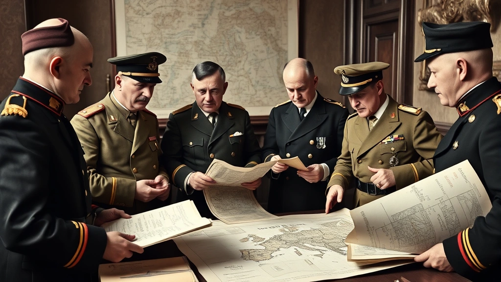 European military generals in formal uniforms examining maps and strategic documents in a war room during early 1900s, showing imperial military planning and strategy discussions