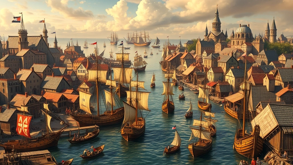 Bustling colonial port city with European trading vessels, warehouses, and merchants conducting imperial commerce, showcasing economic imperialism and resource competition