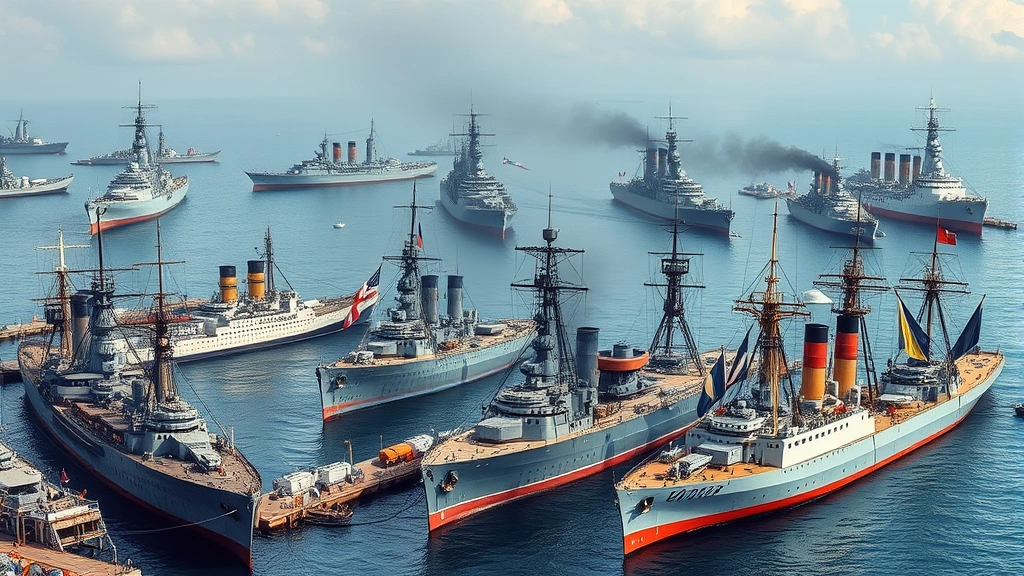 Diverse European warships and battleships from different nations anchored in port or at sea during naval arms race era, representing imperial military buildup and naval competition