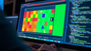 Close-up of a computer monitor displaying colorful game development interface with grid-based puzzle game in progress, developer's hands on keyboard visible, coding visible in background panel, professional workspace lighting