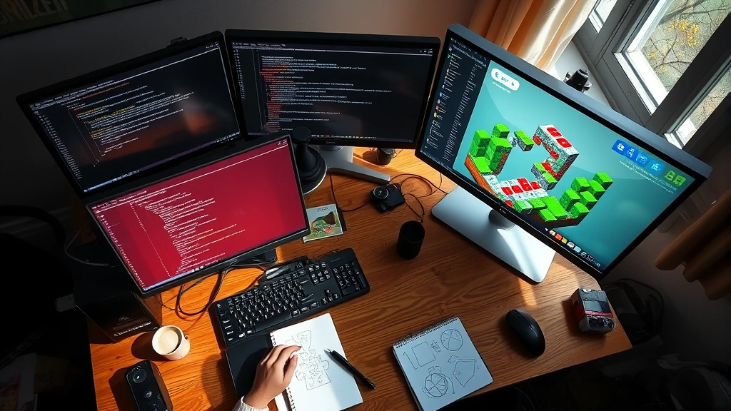 Overhead view of game developer's desk with multiple monitors showing code editor and game engine running puzzle game prototype, coffee cup and notebook with sketches, natural daylight from window