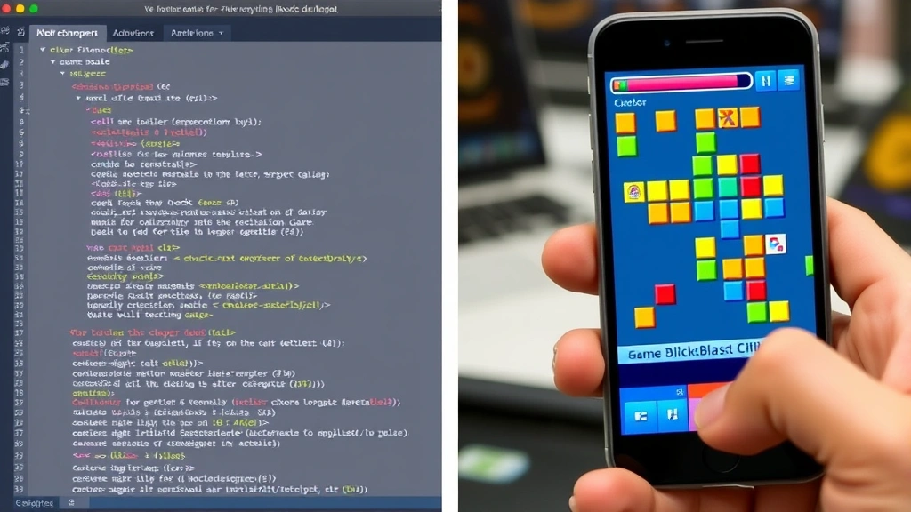 Split-screen showing left side: complex code in IDE with game logic highlighted, right side: mobile phone displaying BlockBlast-style puzzle game running smoothly, developer's hand gesturing toward screen