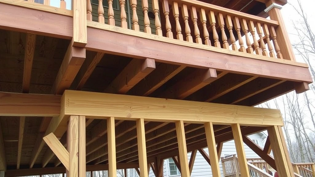 A completed elevated residential deck with pressure-treated framing visible underneath, featuring code-compliant railings with proper baluster spacing, showing natural wood weathering and professional construction quality